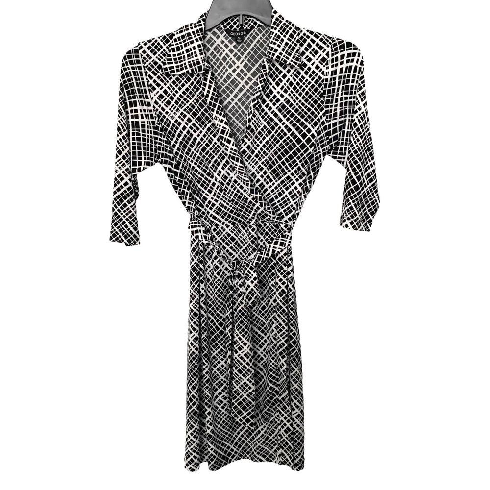 GEORGE 3/4 SLEEVE FAUX WRAP MIDI DRESS, WOMENS, M, BLACK & WHITE DIAMOND PATTERN